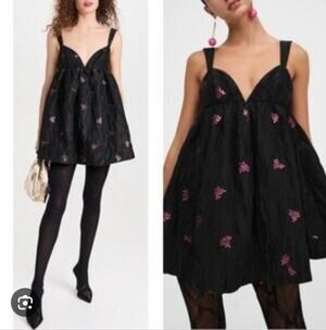 NWT For Love & Lemons Black Floral Sachi Mini Dress Size S Babydoll Festive